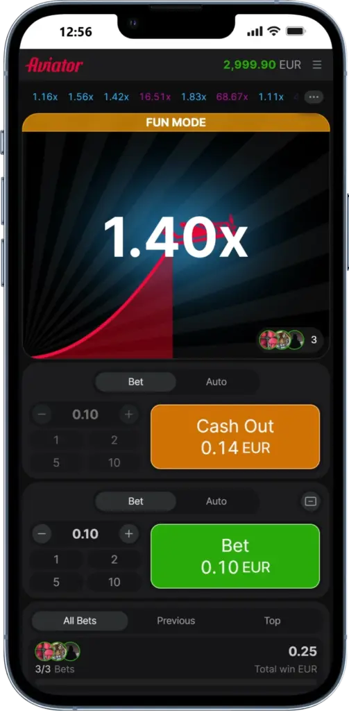 Aviator game cashout screen with active multiplier